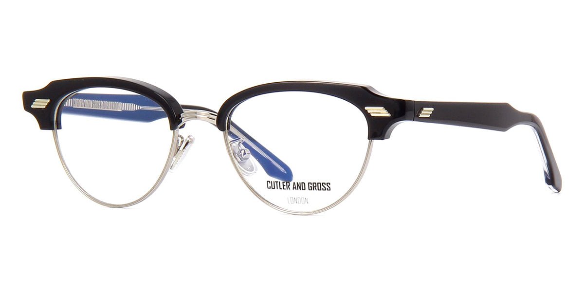 Three quarter view of Cutler and Gross brow line glasses frame