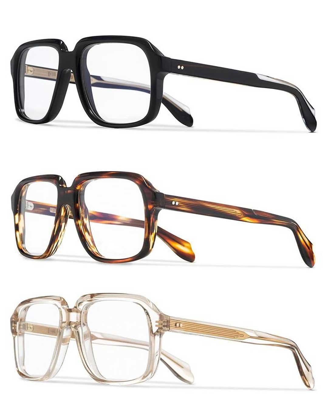 Three colour variants of retro style spectacles frame